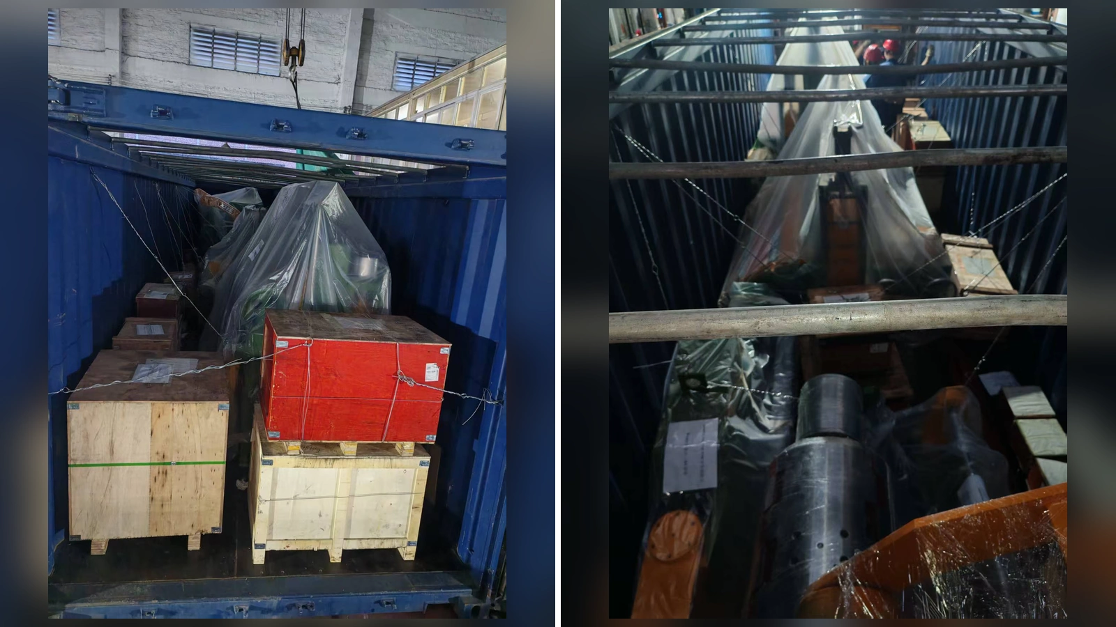 Protected machine components loaded into a shipping container