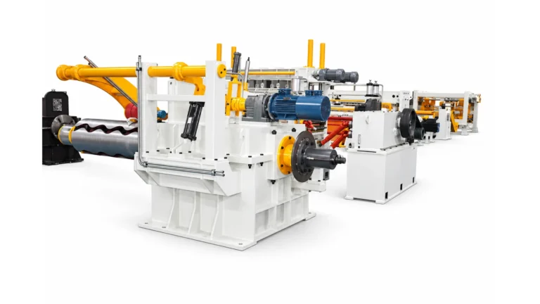 Full view of the XIONGJIN 1650 stop shear cut-to-length line with 4HI leveler.
