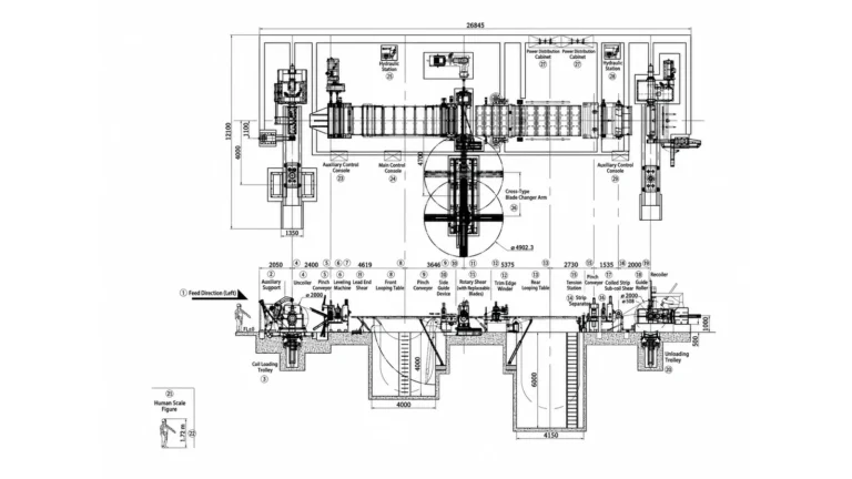 English layout drawing of 1650 vertical slitting line with cross-type blade changer arm