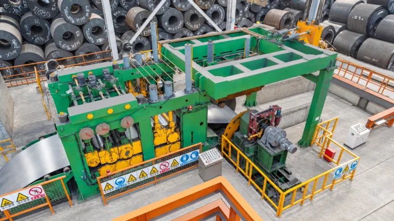 Overhead view of the plate leveling and stop-shear section for wide hot rolled plate