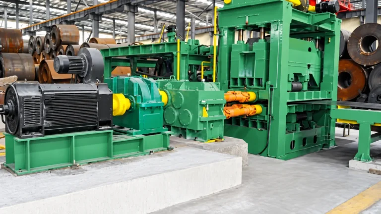Side view of heavy-gauge plate leveling and cross-cutting equipment