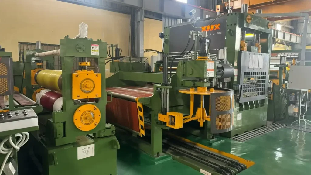 recoiler section of a steel coil slitting line winding slit strips